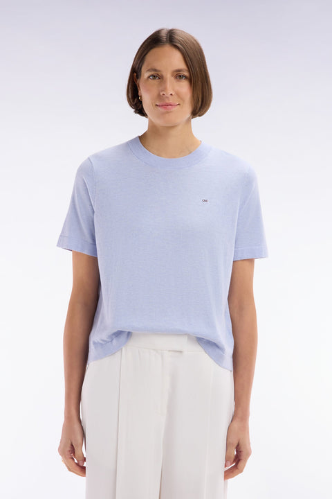 Pull fin à manches courtes et col rond en coton et soie mélangés gris coupe décontractée - Image 3