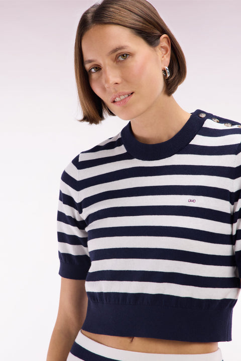 Pull marinière à col rond en coton biologique et cachemire marine coupe droite - Image 1