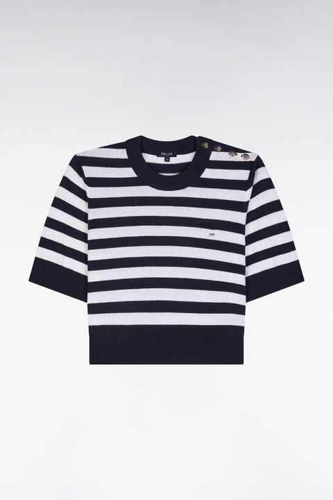 Pull marinière à col rond en coton biologique et cachemire marine coupe droite - Image 2