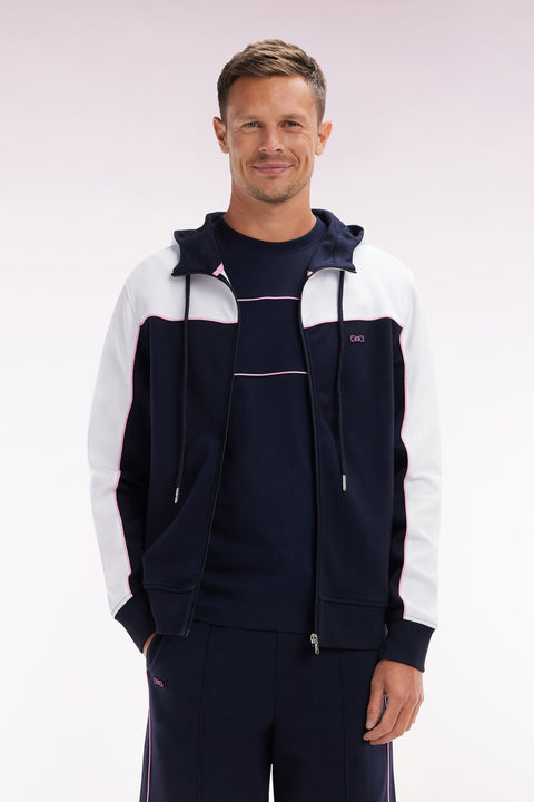 Sweatshirt zippé à capuche en coton marine et blanc coupe droite - Image 1