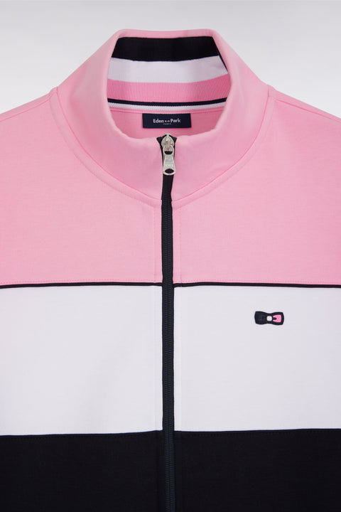 Sweatshirt zippé en molleton coton stretch tricolore rose coupe droite - Image 2