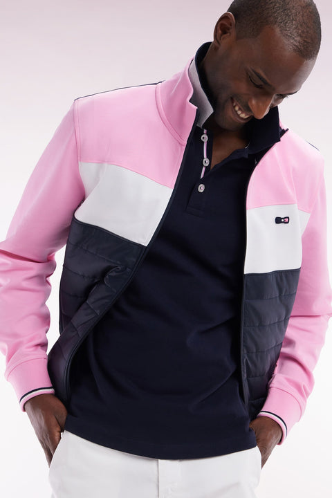 Sweatshirt zippé bimatière en molleton coton stretch rose parmenture matelassée coupe droite - Image 3