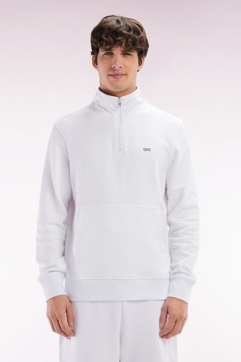 Sweatshirt à col zippé en coton blanc coupe droite - Image 1