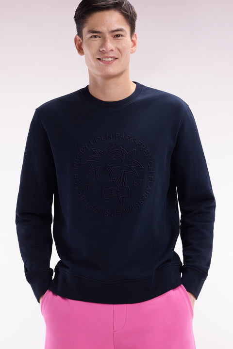 Sweatshirt en molleton coton marine broderie palmier ton sur ton coupe décontractée - Image 3