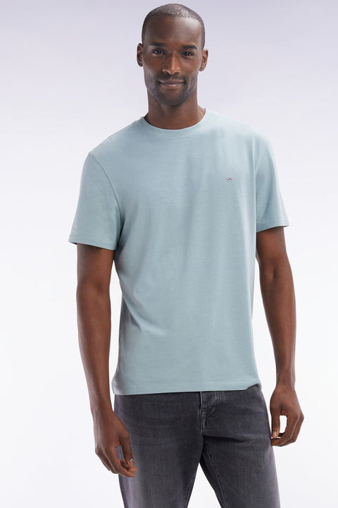 T-shirt vert d'eau uni en lyocell et coton coupe droite - Image 3