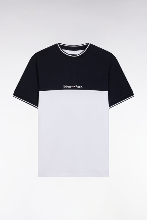 T-shirt brodé en coton bicolore blanc coupe droite - Image 1