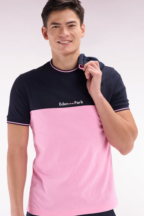 T-shirt brodé en coton bicolore rose coupe droite - Image 3