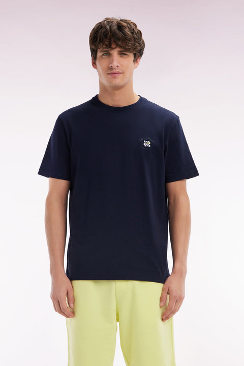 T-shirt en coton marine broderie multicolore coupe décontractée - Image 1