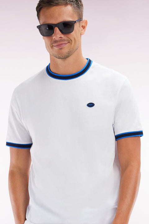 T-shirt en coton blanc à bords-côtes bleus coupe décontractée - Image 3