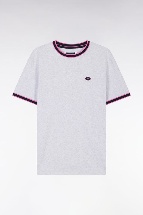 T-shirt en coton gris à bords-côtes roses coupe décontractée - Image 2