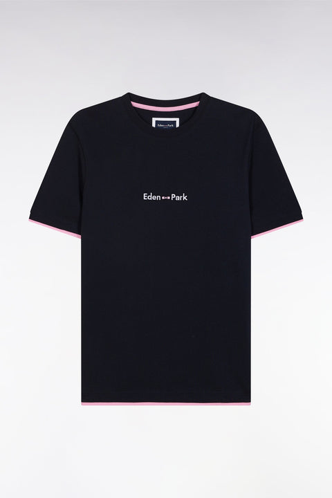 T-shirt brodé en coton marine à effet superposition coupe droite - Image 2