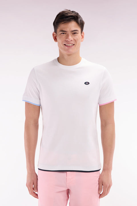 T-shirt uni en coton blanc bordures de manches colorées coupe droite - Image 1