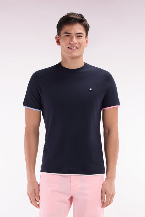 T-shirt uni en coton marine bordures de manches colorées coupe droite - Image 1