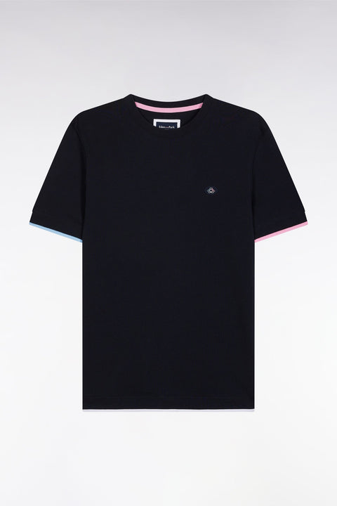 T-shirt uni en coton marine bordures de manches colorées coupe droite - Image 2