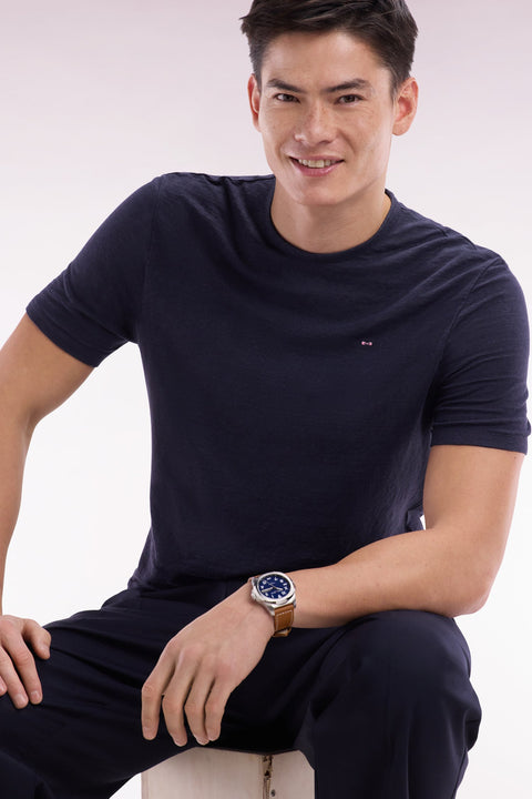 T-shirt uni en lin stretch marine coupe droite - Image 3