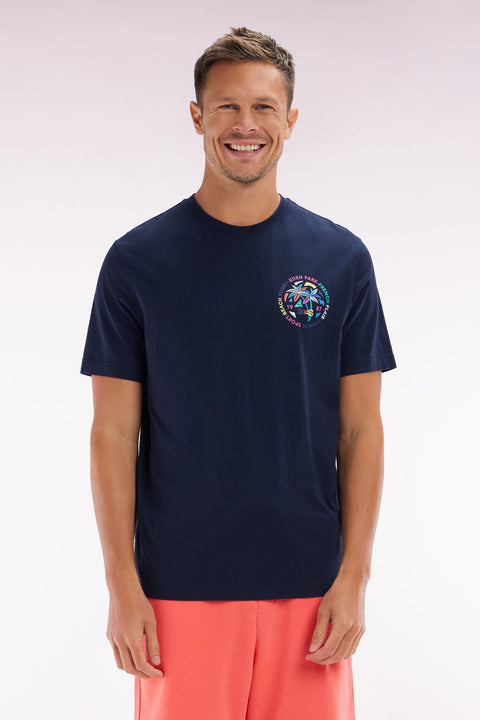 T-shirt en coton marine sérigraphie multicolore coupe décontractée - Image 1