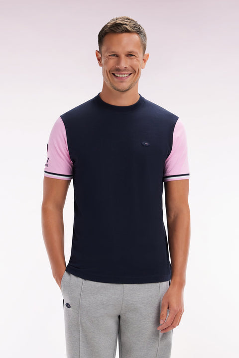 T-shirt XV de France bicolore en coton marine et rose broderie Coq coupe droite - Image 1