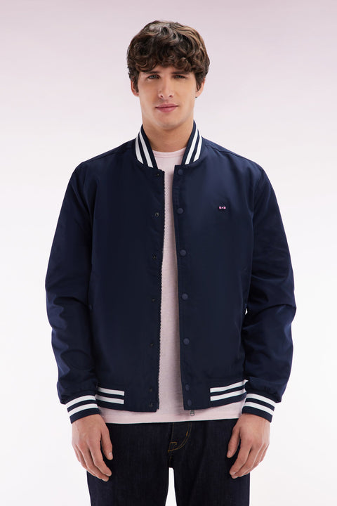 Blouson teddy en nylon marine bords-côtes rayés - Image 1