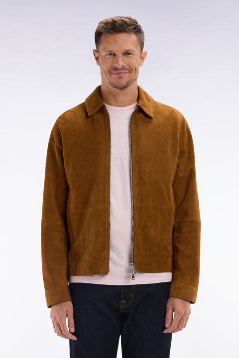 Blouson zippé en cuir suédé marron - Image 1