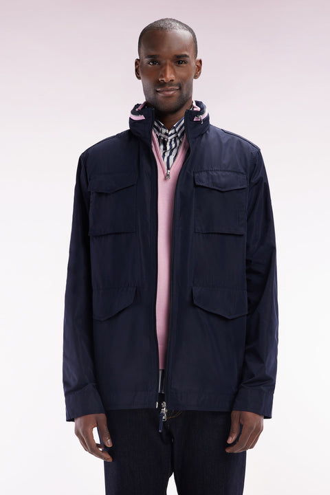 Parka courte 4 poches à col montant et capuche en nylon bleu marine - Image 1