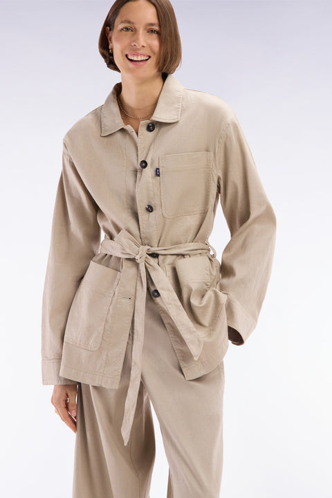 Surchemise ceinturée en lin et coton stretch beige coupe oversized - Image 1