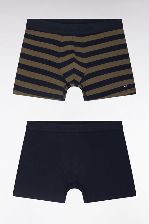 Lot de deux boxers unis et cerclés en jersey de coton stretch marine et kaki - Image 1