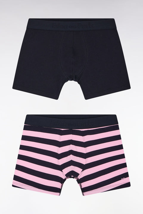 Lot de deux boxers unis et cerclés en jersey de coton stretch marine et rose - Image 1