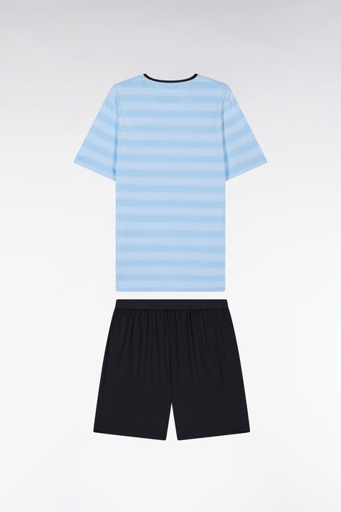 Pyjama court en jersey de coton T-shirt cerclé ciel short marine - Image 2