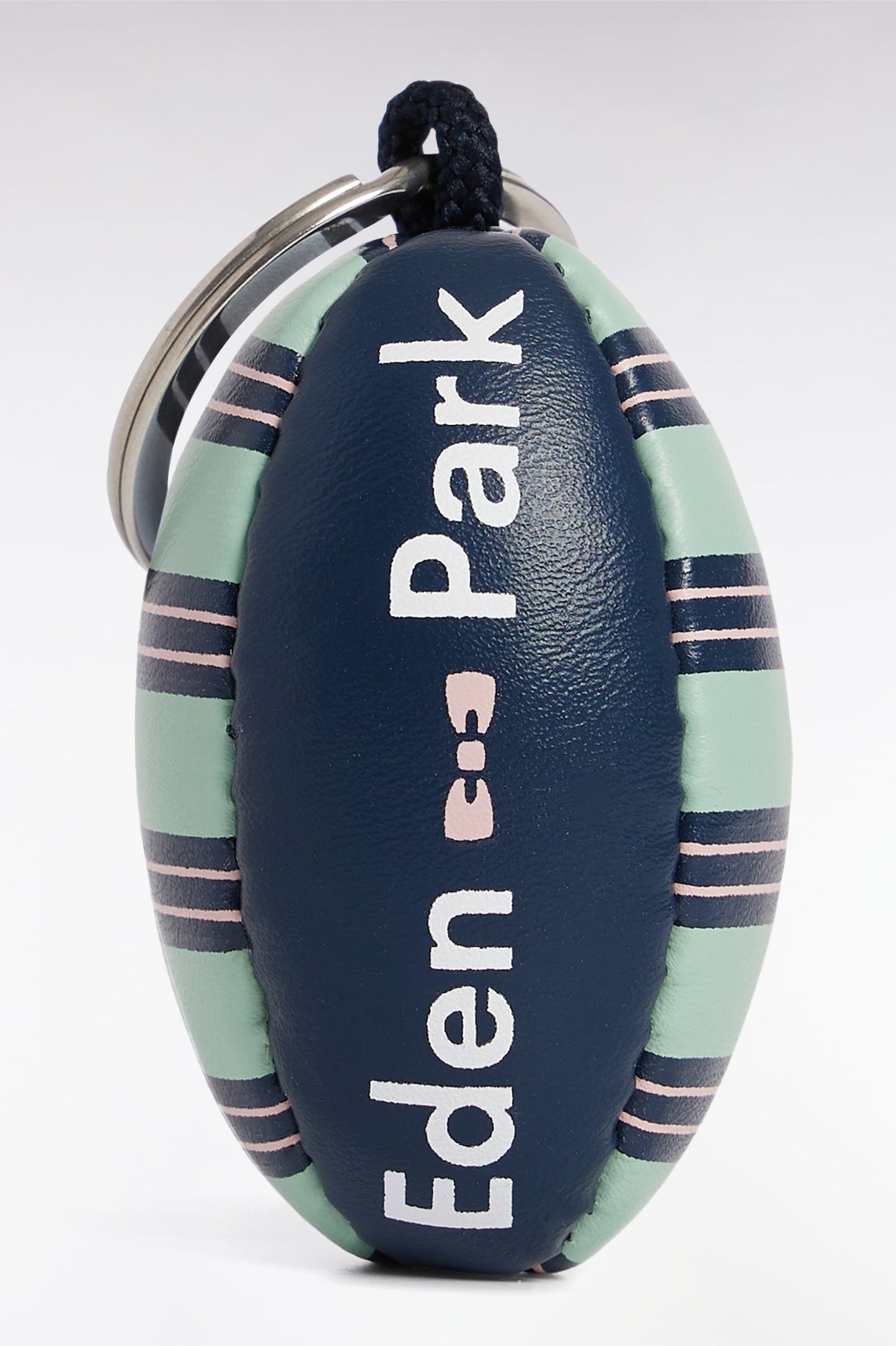 Porte-clés ballon de rugby à rayures vert d'eau et marine