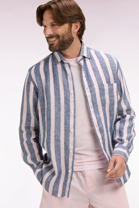 Chemise en lin marine à rayures bâtons - Image 1