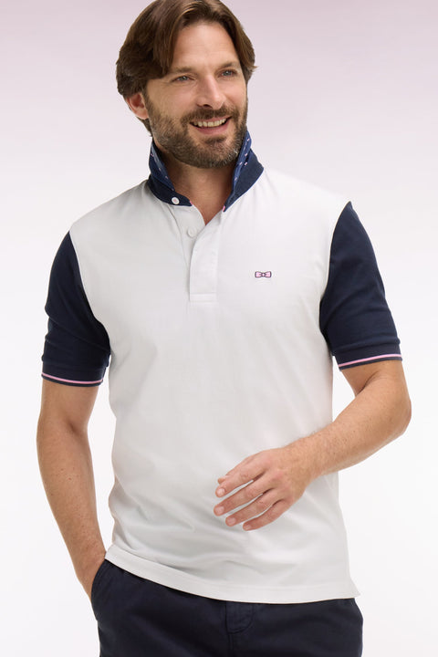 Maillot à manches courtes en coton blanc et marine coupe regular broderie dos - Image 1