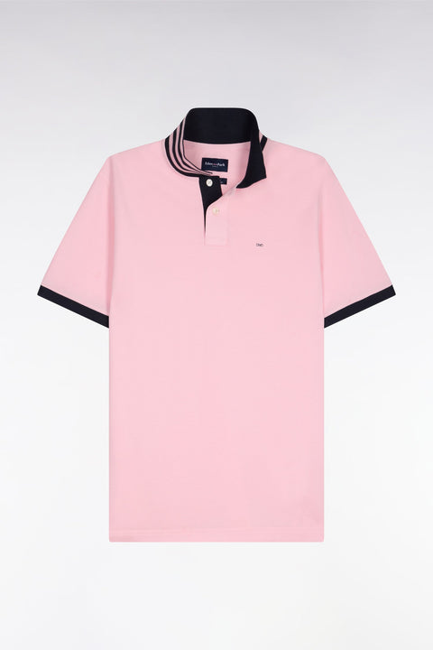 Polo manches courtes en piqué coton rose clair dessous de col rayé coupe slim - Image 2