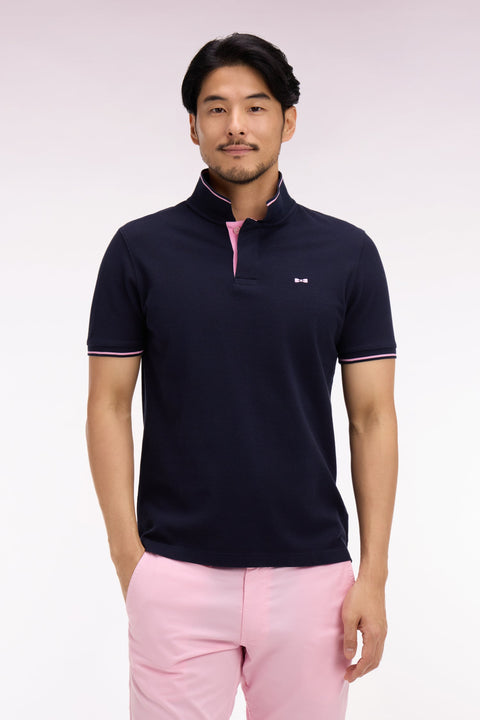 Polo à manches courtes en piqué coton marine broderie dos - Image 3