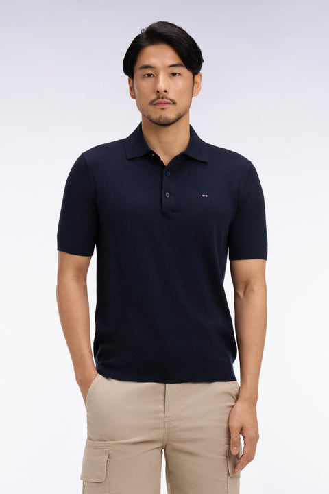 Pull manches courtes col polo en coton et soie mélangés marine - Image 3
