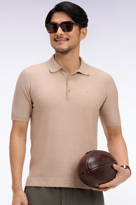 Pull manches courtes à col polo en coton et lyocell mélangés beige - Image 1