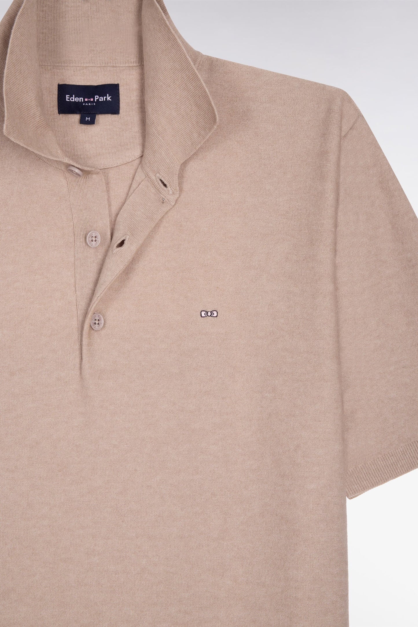 Pull manches courtes à col polo en coton et lyocell mélangés beige