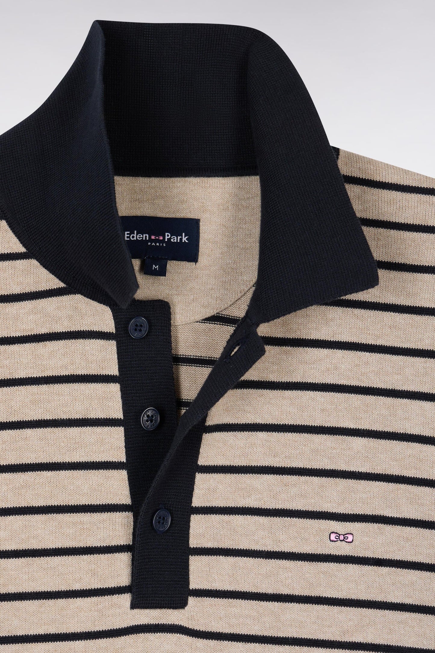 Pull manches courtes à col polo en coton beige rayé