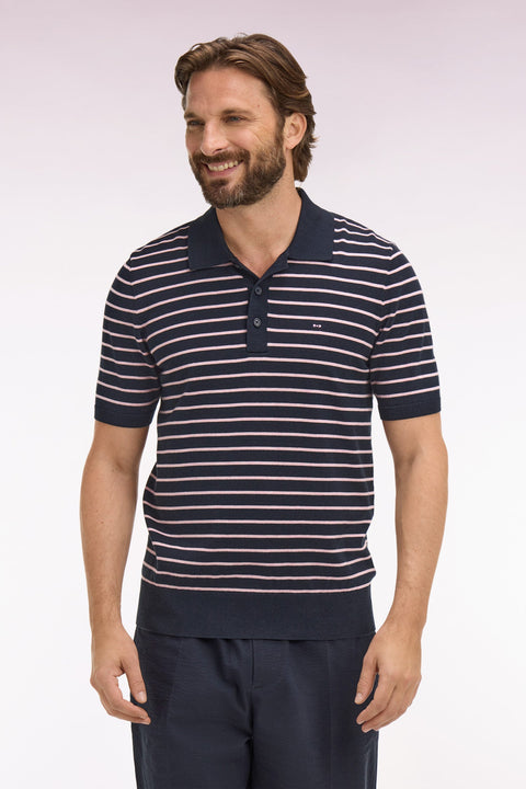 Pull manches courtes à col polo en coton marine rayé - Image 3