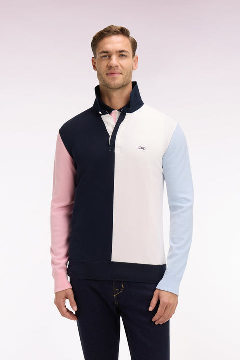 Pull col maillot en coton marine et blanc à manches contrastées - Image 3