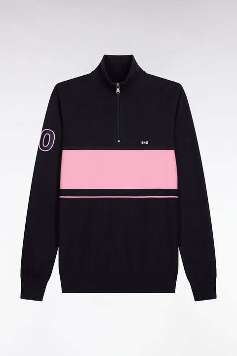 Pull col maillot en coton marine à rayure rugby rose - Image 2