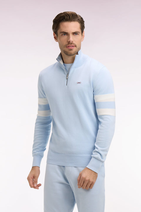 Pull col maillot en coton bleu ciel à double rayures manches - Image 3