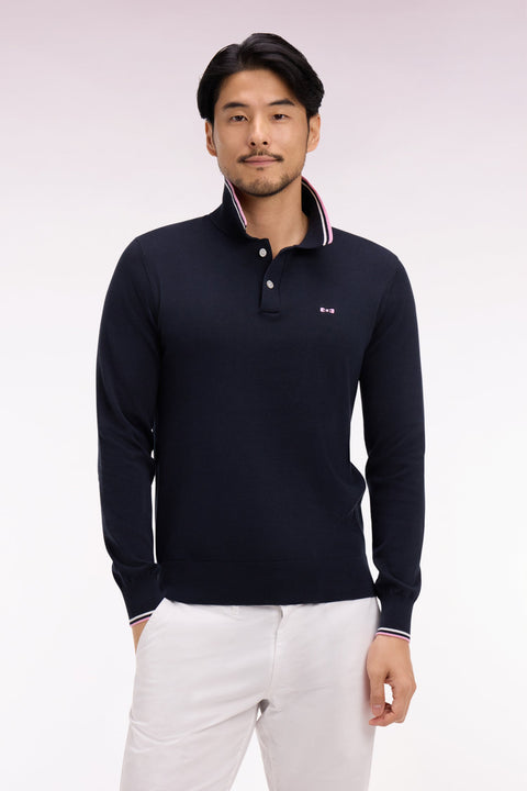 Pull col polo en coton marine à rayures fines - Image 3