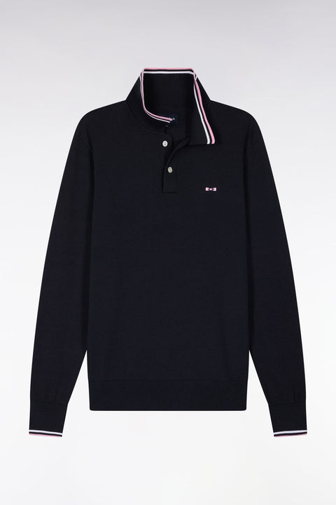 Pull col polo en coton marine à rayures fines - Image 2