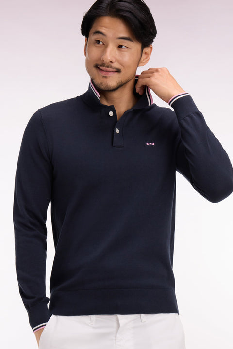 Pull col polo en coton marine à rayures fines - Image 1