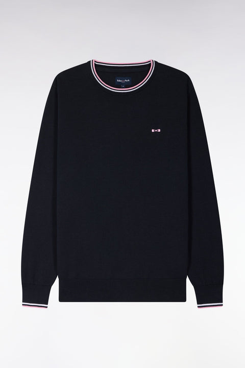 Pull col rond en coton marine à rayures fines - Image 2