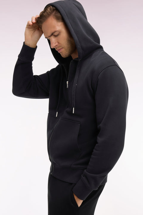 Sweatshirt zippé à capuche en molleton coton noir - Image 1
