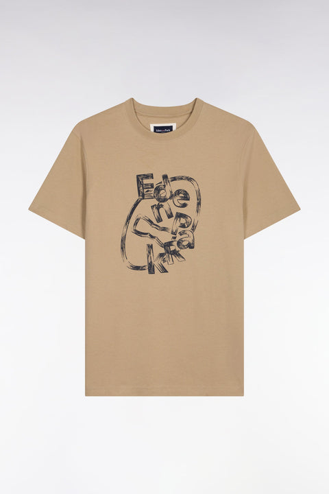 T-shirt à manches courtes en coton beige sérigraphié coupe regular - Image 2