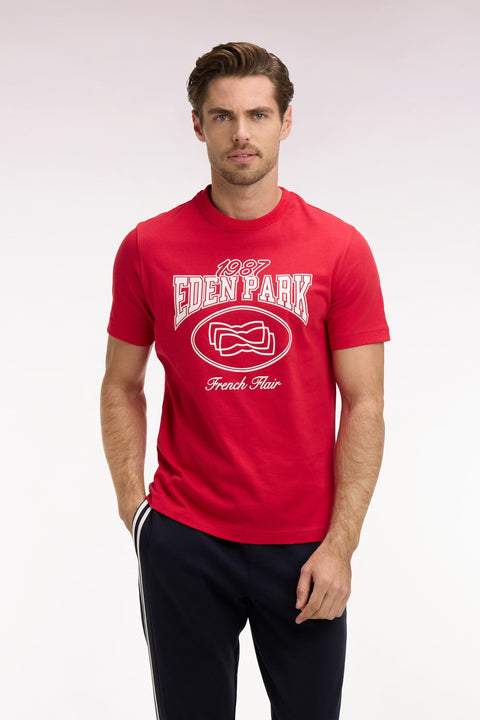 T-shirt à manches courtes en coton rouge sérigraphie écrue coupe regular - Image 3