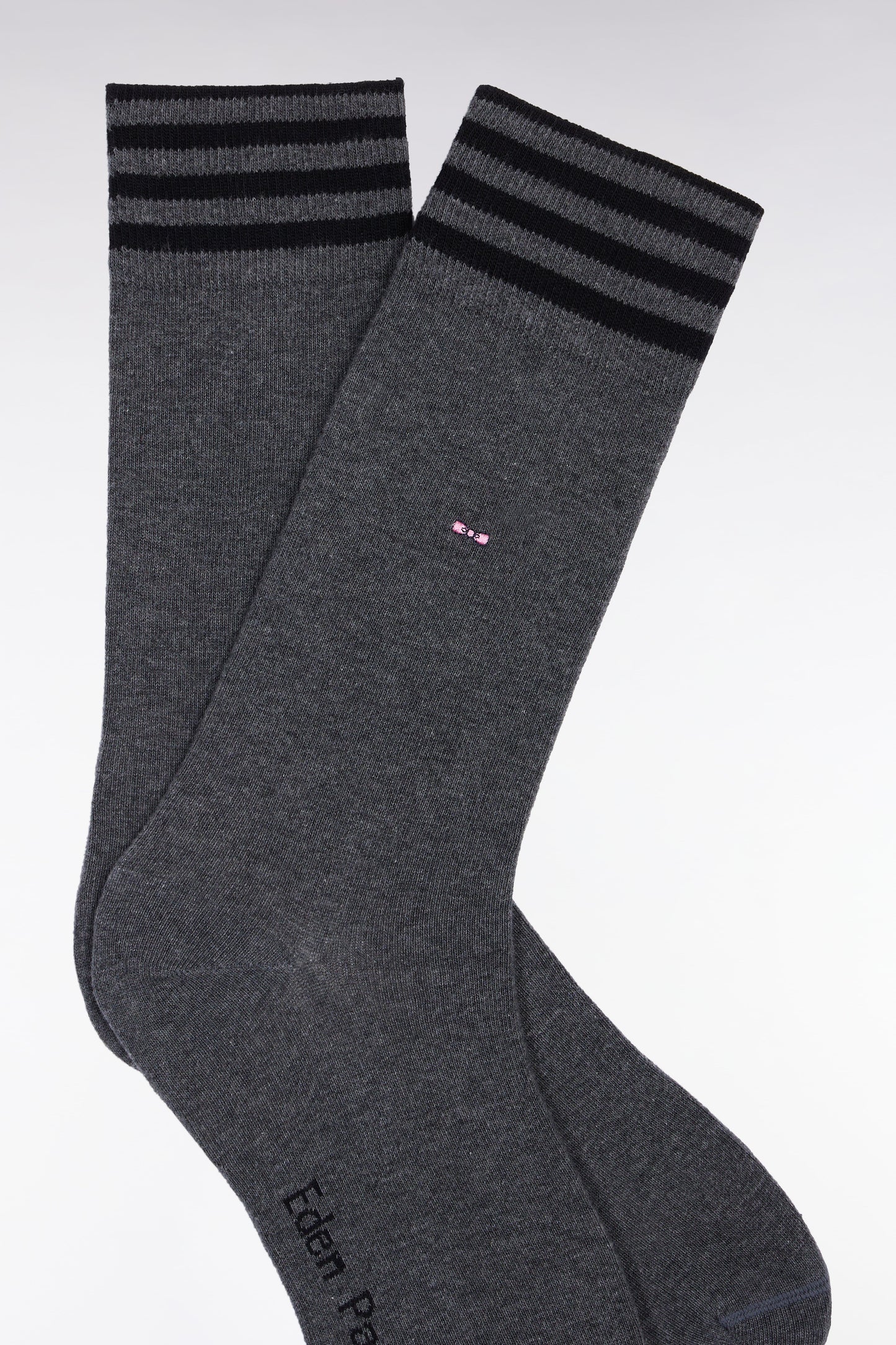 Chaussettes en coton stretch mélangée grises à bordures rayées
