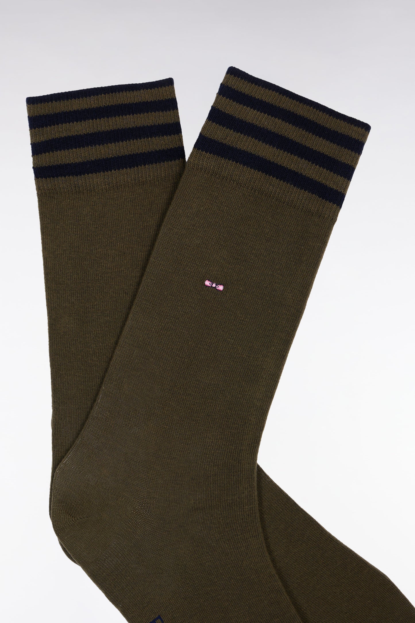 Chaussettes en coton stretch mélangée kaki à bordures rayées